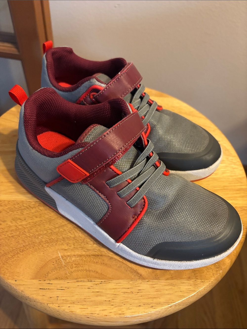 Lands' End Kids Gray and Burgundy Sneakers with Red Details